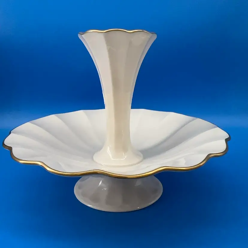 Vintage Lenox Arbor Collection Ivory Porcelain Single Epergne Vase Centerpiece Bowl 24K Gold Trim