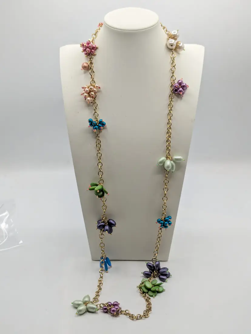 Gold Tone Colorful Beaded Floral Long Necklace NWOT