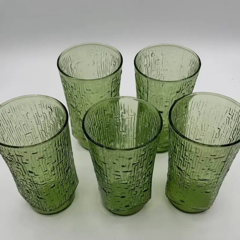 Set of 5 Vintage Anchor Hocking Pagoda Green Glass Tree Bark Bamboo Glasses 5"