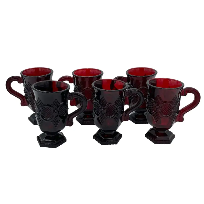 Set of 6 - Vintage Avon 1876 Cape Cod Ruby Red Glass Pedestal Mugs, 5”, Embossed
