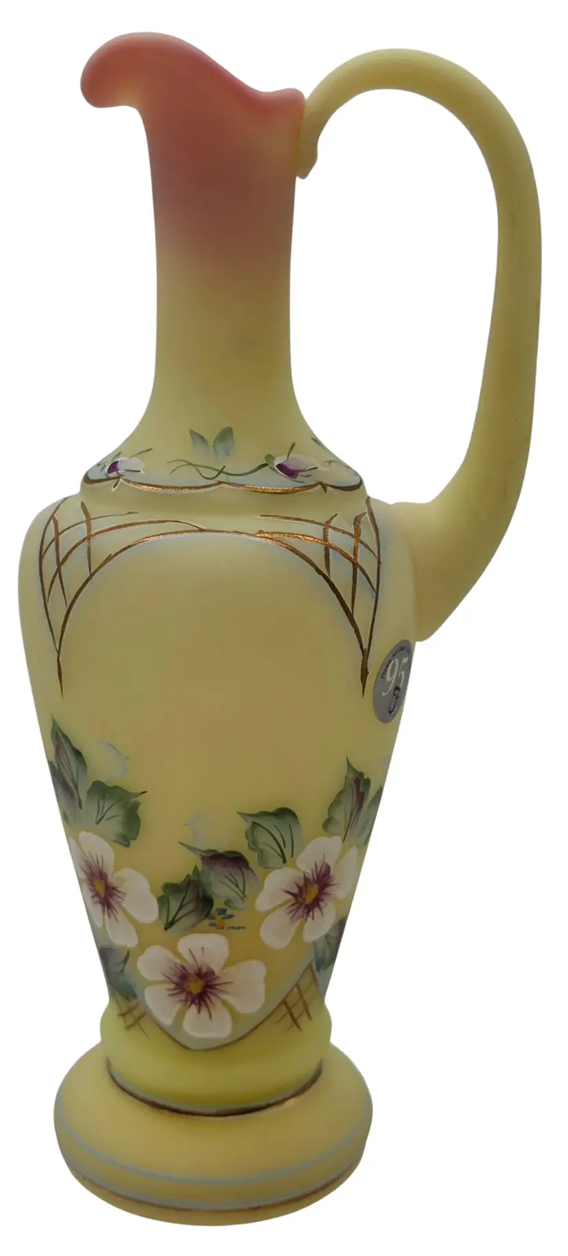 FENTON SATIN BURMESE DECORATED EWER SIGNED NUMBERED GLOWS