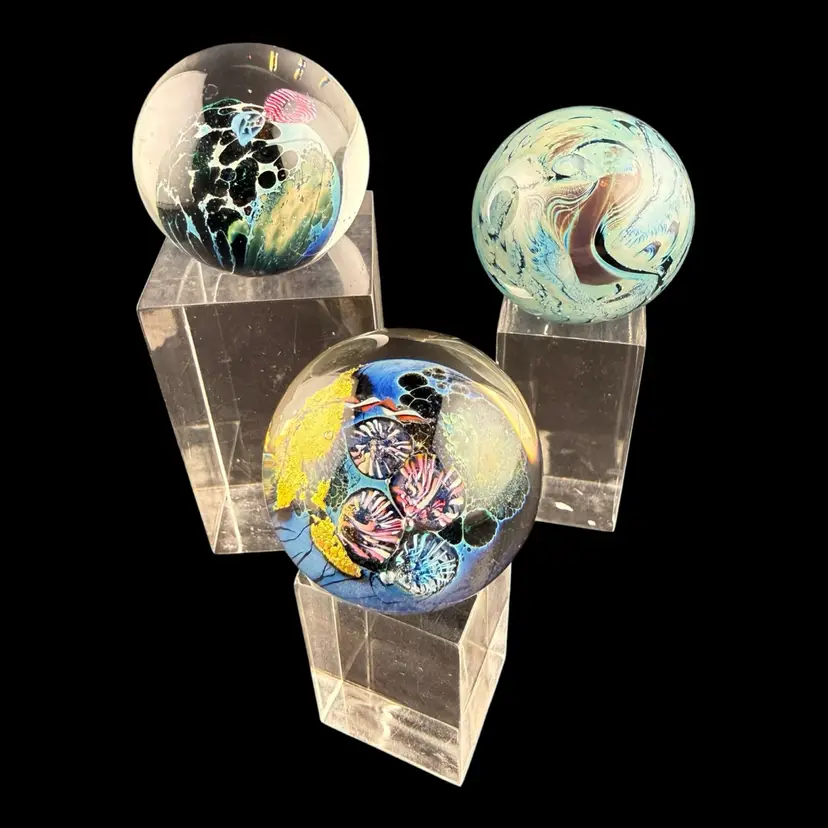 Josh Simpson Lot 3 Glass Marbles 1.5” and Stands