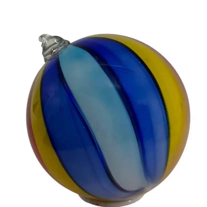 Large Vintage Hand Blown Art Glass Ornament /Shelf Decor Red•Blue•Yellow Stripe 
4.5” T x 3.75” W