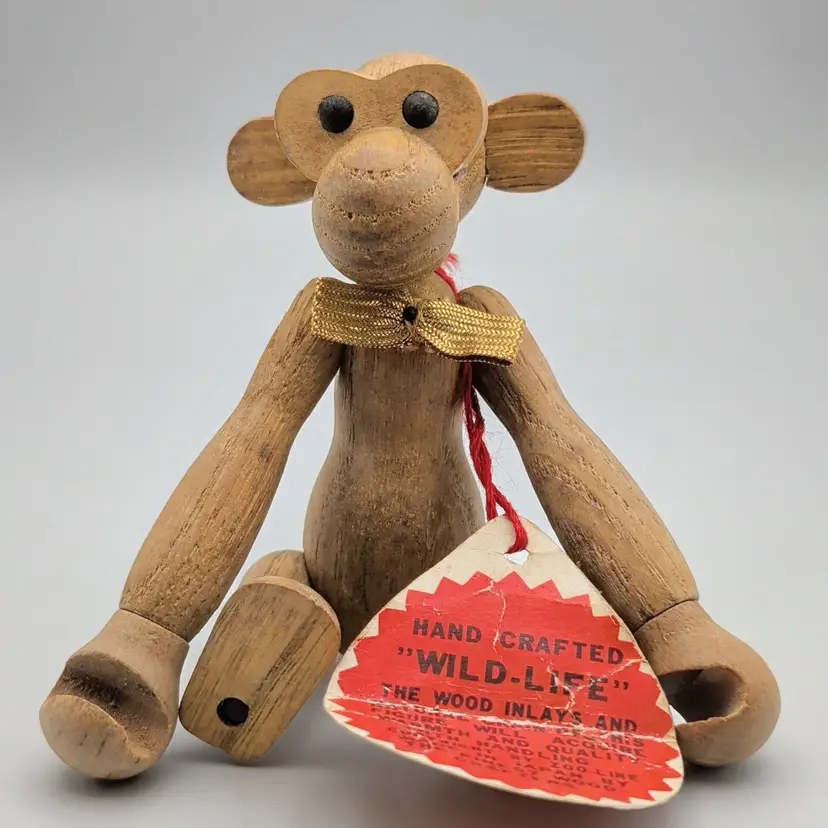 Zoo Line Wooden Toy Monkey 4.5 in MCM 1958 Jointed Hang Tag - Missing Tail AS IS