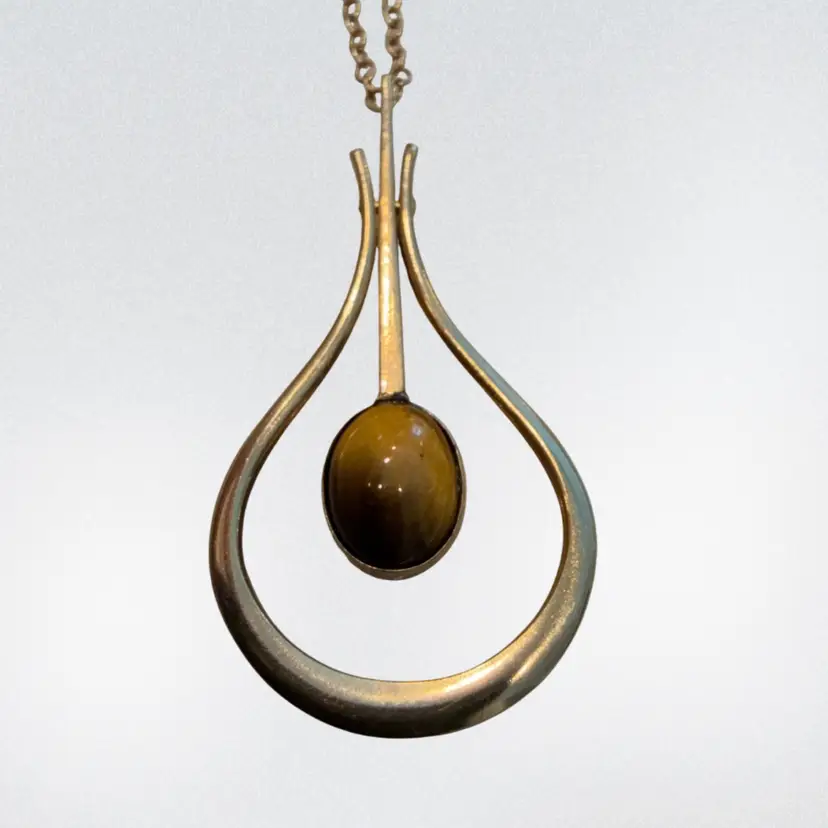 Vintage 1970’s 1/20th 14k GP Tigers Eye Door Knocker Pendulum 18” Necklace Pendant 1.35”