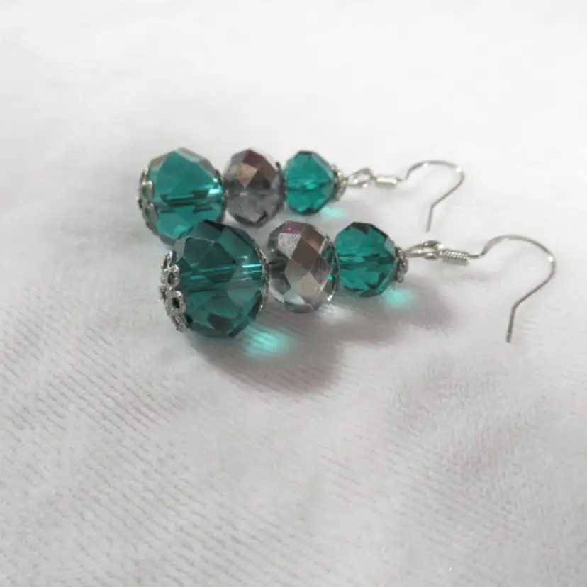 Teal Blue Glass Faceted Beaded Earrings, handmade