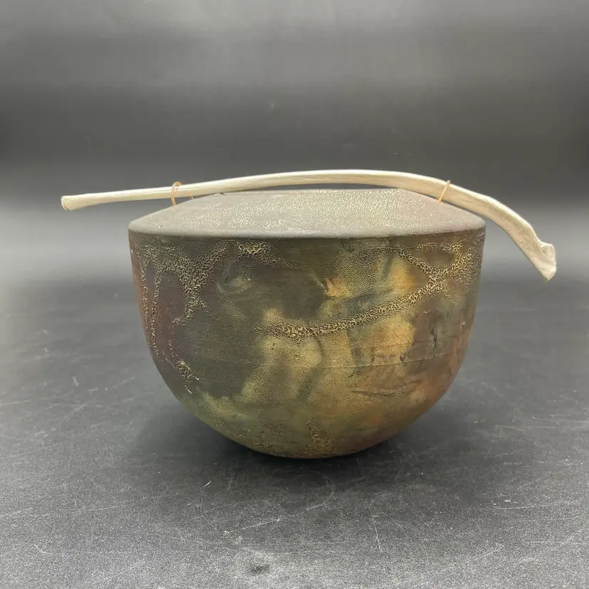 Raku Pottery Vessel Vase with Bone Handle Handmade Signed