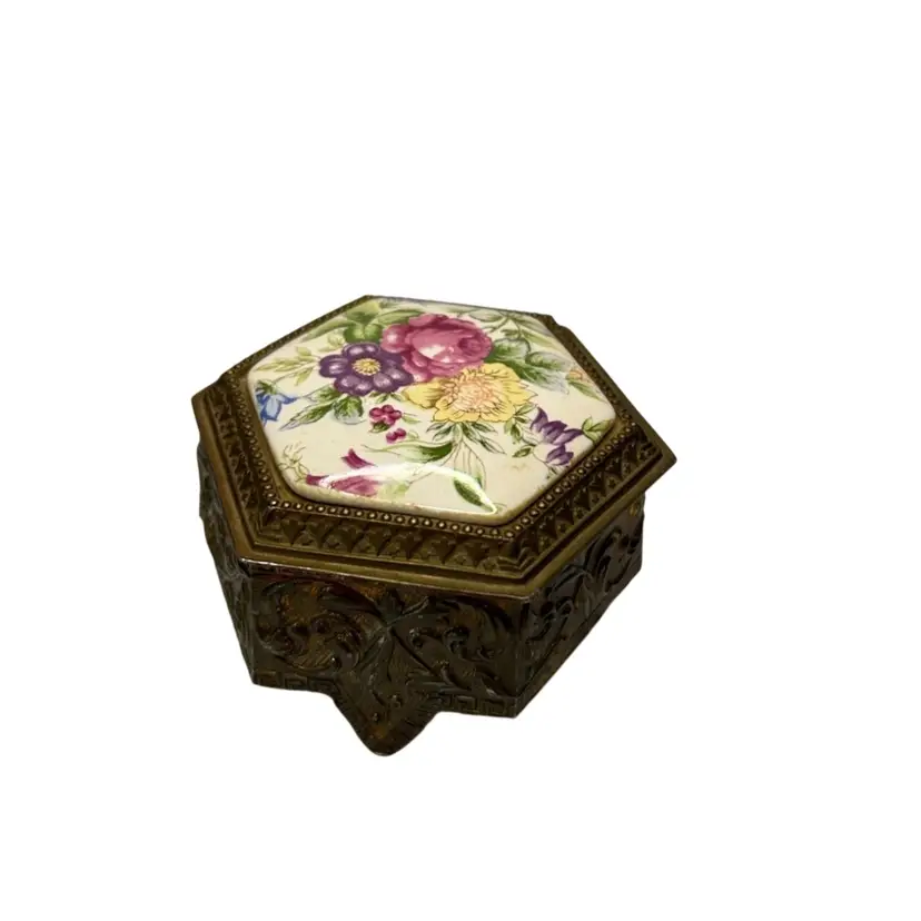 Vintage Japan Hexagon Footed Porcelain Floral Top Ornate Gold Toned Box Red Interior 3 1/2x2 1/2
