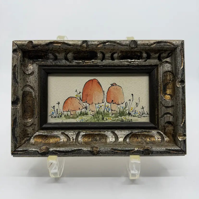 Vintage Wood Framed Artist Signed Ink & Watercolor Painting Mushrooms 5 X 7.25”