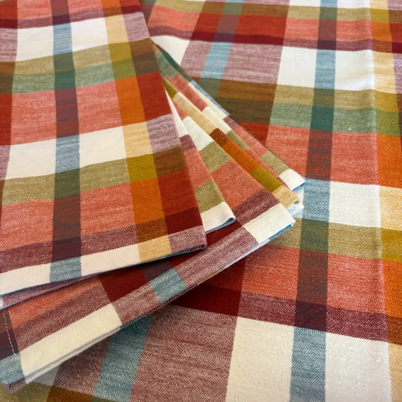 Fall Plaid Tablecloth 56x92 + 8 Matching Napkins - 9 Pc Set Autumn Harvest Check Thanksgiving Halloween