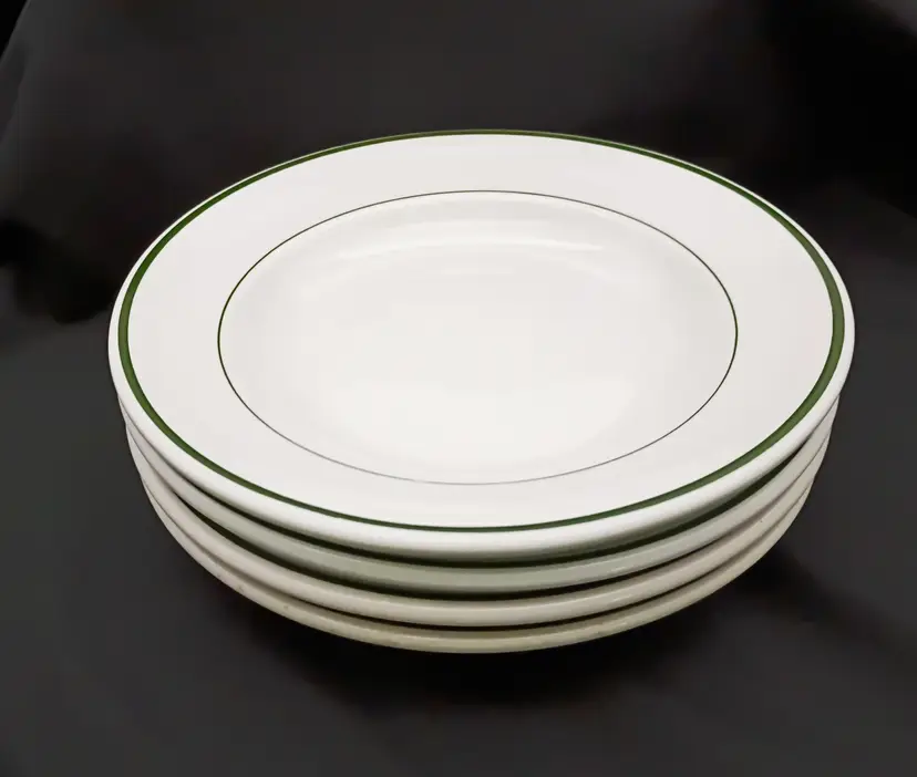 4 Shenango Pottery Rimmed Soup Bowls ~ Green Stripes ~ Restaurant Ware ~ Heavy