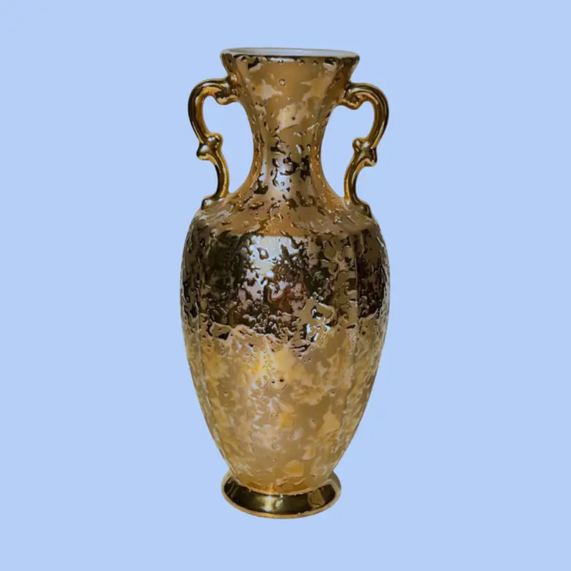 #322- Vintage Vase Mid-Century Modern "Weeping Bright Gold" Porcelain Hand Decorated 22 Karat gold gilt Holley Ross China LaAnna PA USA 1950-60s MCM Hollywood Regency