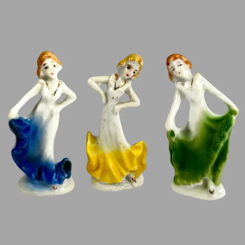 Trio Miniature Dancing Art Deco Ladies. Porcelain with Gold-trim. Made In Occupied Japan.
