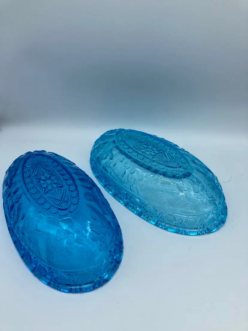 1978 Blue, Pressed, Indiana Birds & Strawberries Oval Bowl 8 3/8" x 3 3/8" x 2" Set Of 2 (not a pair)
