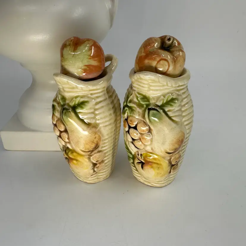 Vintage Tilso Japan Majolica-style ceramic fruit-motif  Oil & Vinegar Basket Weave