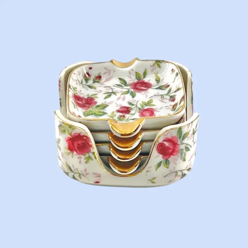 #358- Vintage Chintz Trinket Ashtray Set Matching Caddy Holder 5pc Porcelain By Lefton China Co.