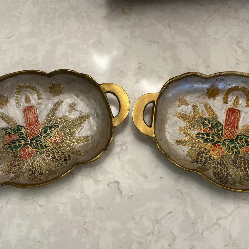 Set of 2 Vintage Brass Christmas Tray 5x8" - Enameled Candle Holly Pinecones - Scalloped Handled Dish - Made in India