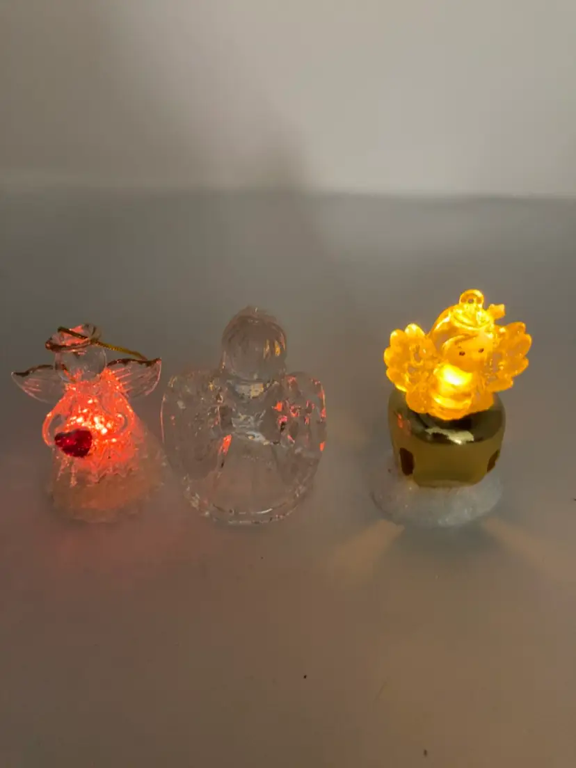 3 Pc Angels! 2 Light Up And 1 Glass 2 1/2” Tall Candle Holder!