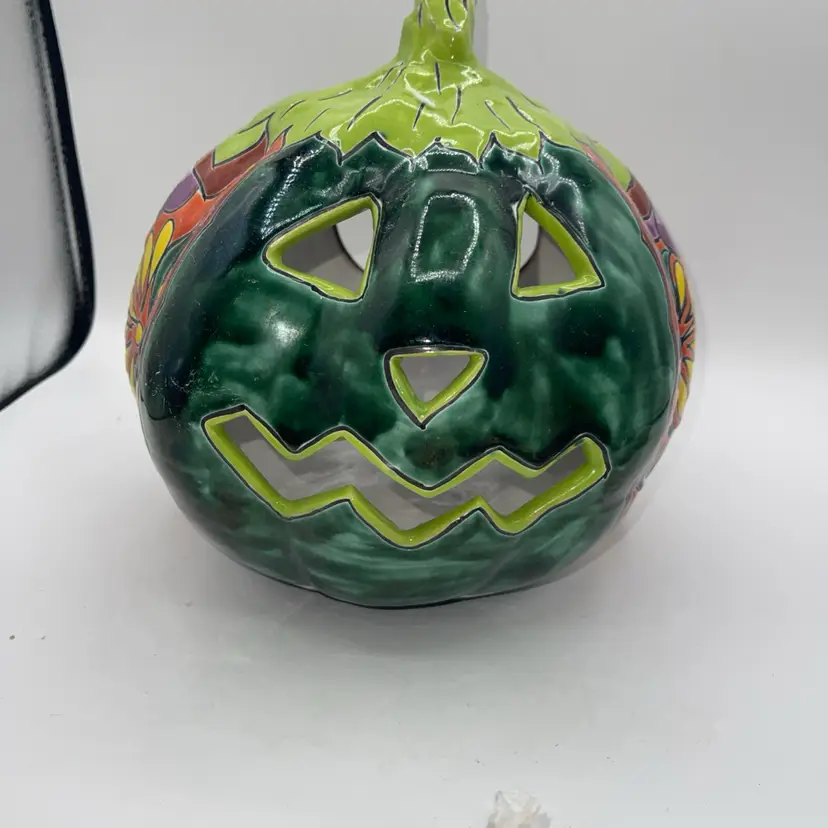 Hand Painted Mexican Talavera Pumpkin Jack O Lantern Candle Holder Folk Art 10”