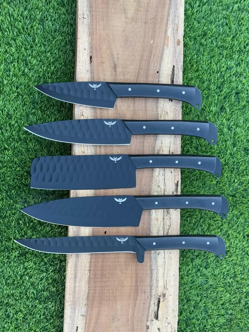 New closeouts! 5 piece PERSONALIZED Chef Knife Set with engraved leather roll