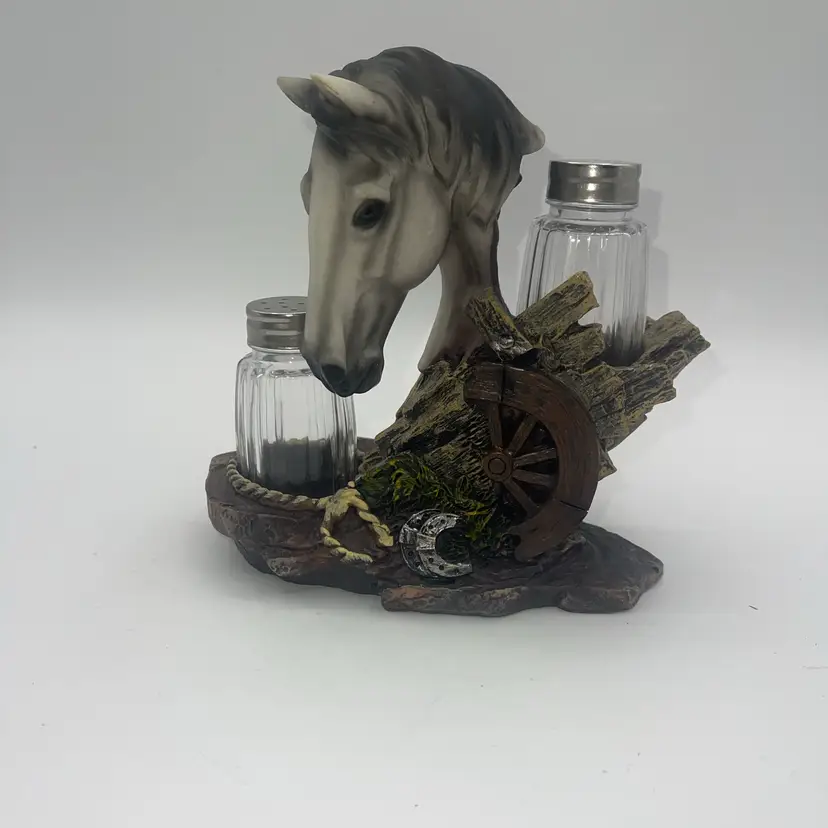 Horse Salt & Pepper Shaker Caddy Farm Country Kitchen Decor “Equine Spice” Grey