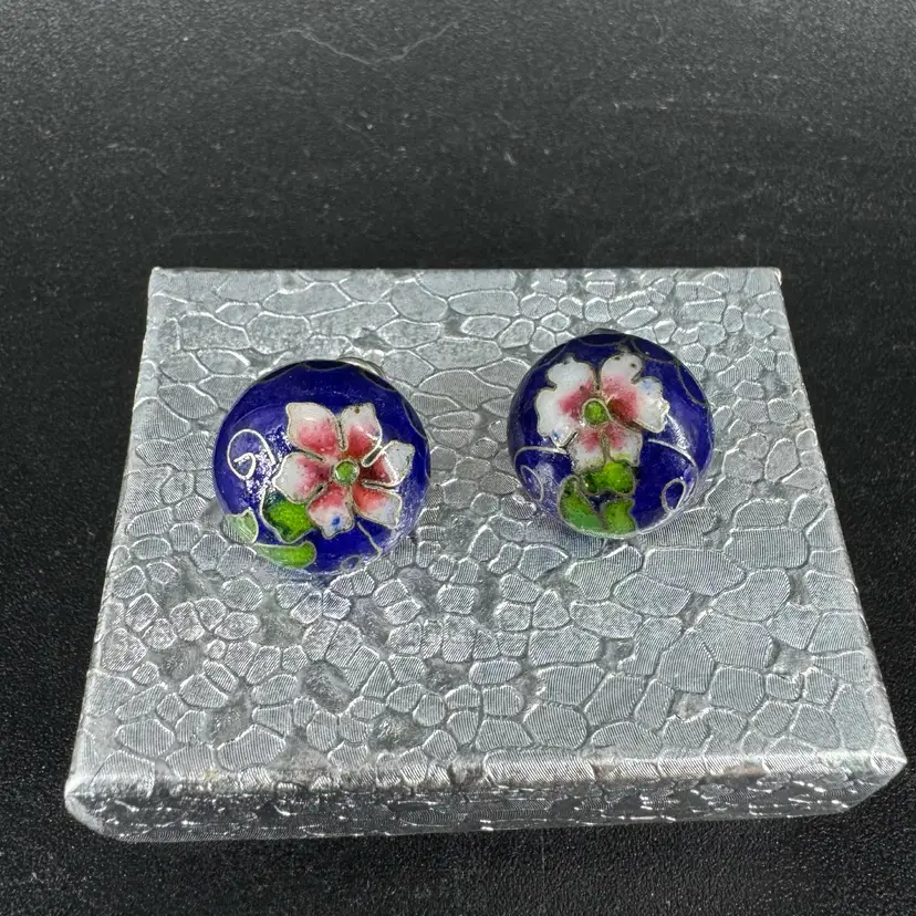 Vintage Cloisonné Blue Floral Dome Post Earrings