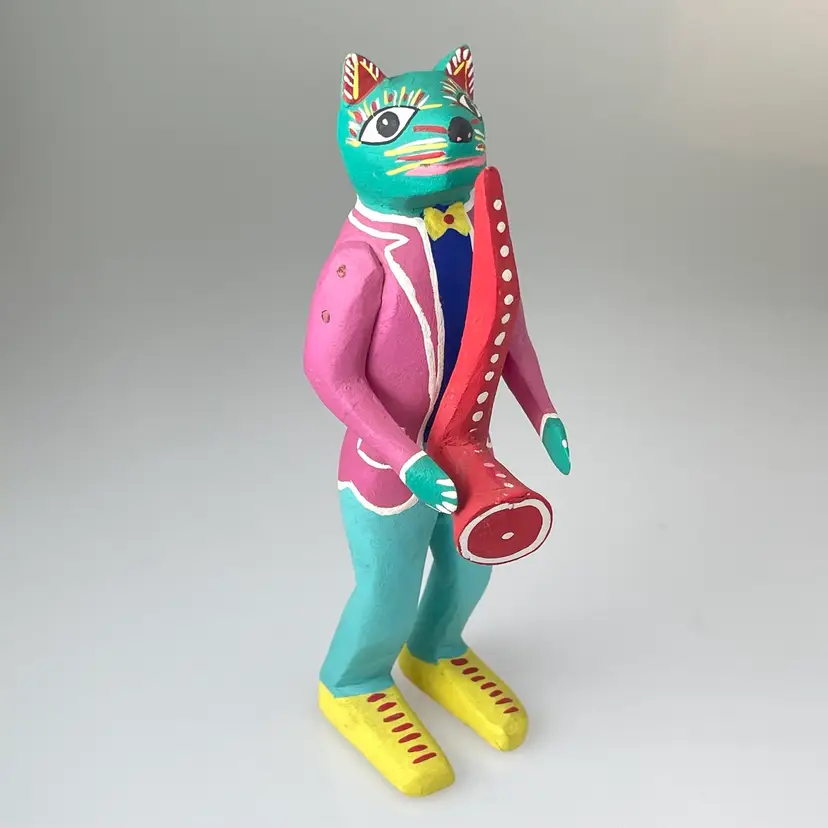 SS 🪩✨| Oaxacan Alebrije Saxophone Cat Wood Carved Folk Art Figurine READ Mexico 6.5"