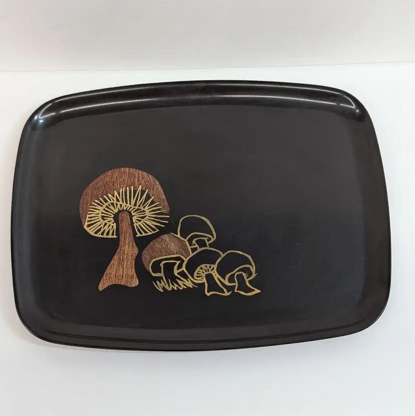 Vintage Couroc of Monterey Mushroom Tray MCM Wood Inlay Footed 12 1/2" x 9 1/2" Gypsy Witch Fortune Telling Playing Cards