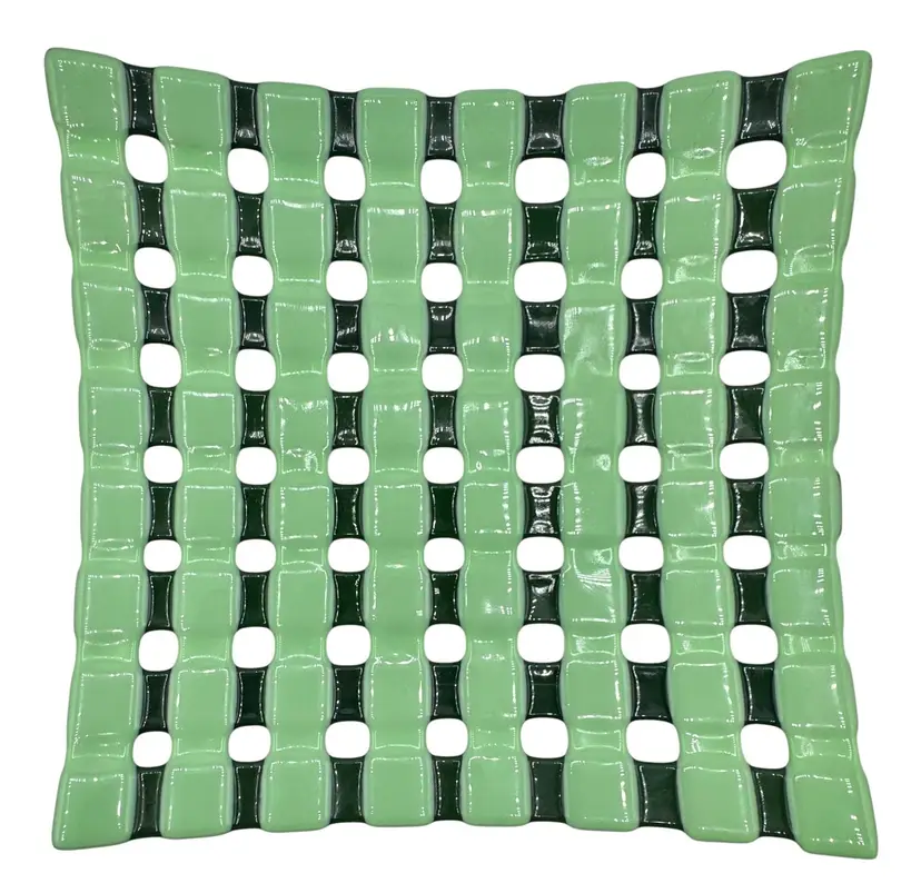 Signed JSE Fused Studio Art Glass Plate Mint Green Open Lattice Basket Weave