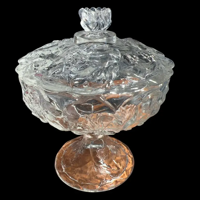 Vintage Fenton Embossed Water Lilies Glass Lidded Candy Dish/Compote on Pedestal