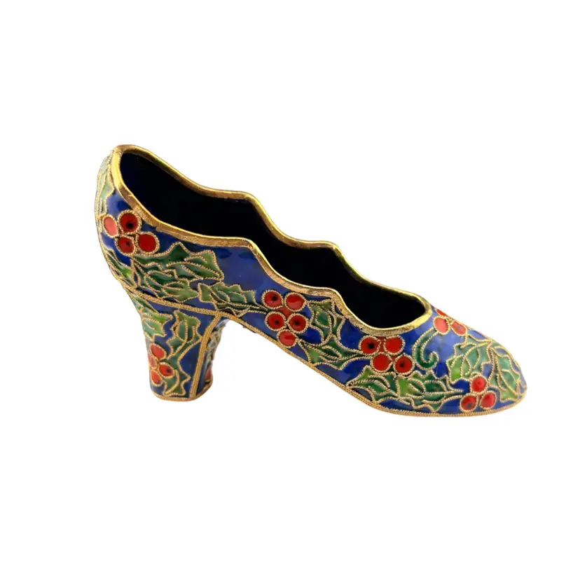 Stunning Nyco Cloisonné Shoe Ornament/Figurine Blue With Holly Design