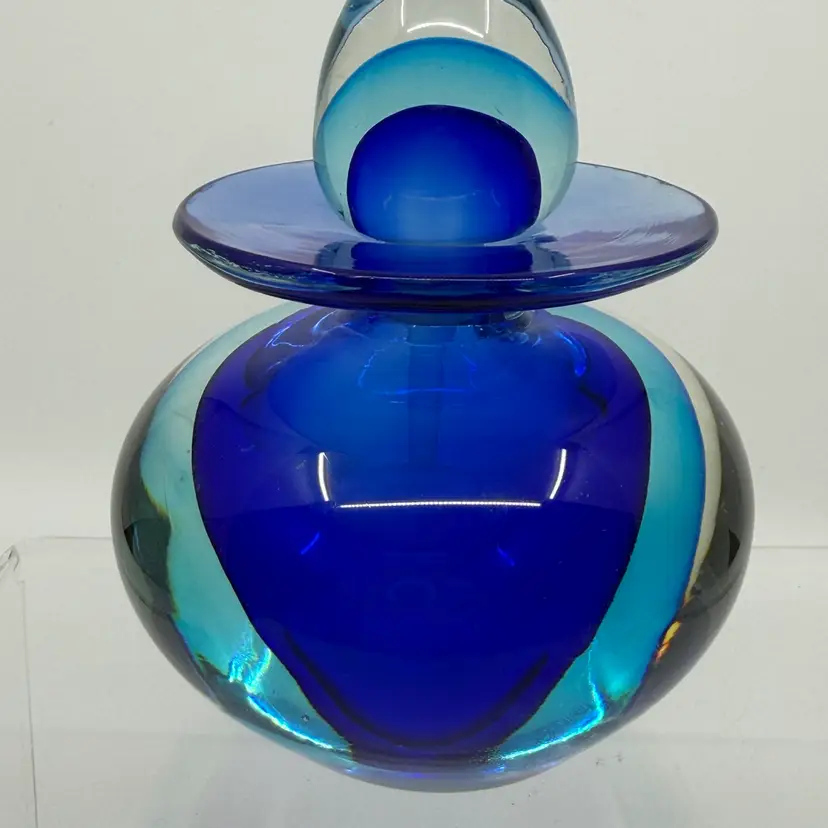 Heavy Art Glass Perfume Bottle With Stopper Clear With Blues 5”