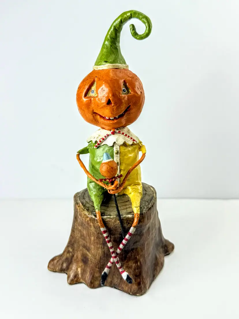 Lori Mitchell Curly Jack Retired Pumpkin Man on Stump Halloween Figurine A1288