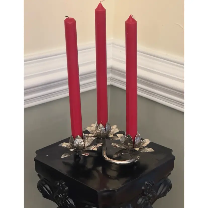 Vintage Silver-Plate Lotus Flower Triple Candleholder