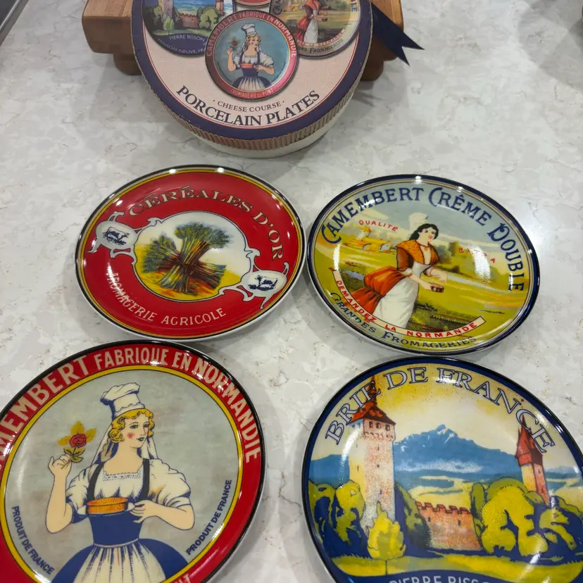 Vtg Pier 1 Imports Cheese Course Porcelain 4 Plates French Labels w/Box