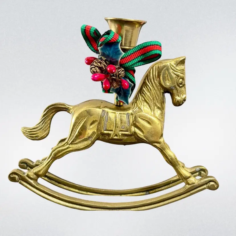 Vintage 1982 Enesco Brass Rocking Horse Candle Holder Taper Candlestick Christmas Holiday Decor with Original Foil Label
5.24” T x 6” L x 1.5” W
