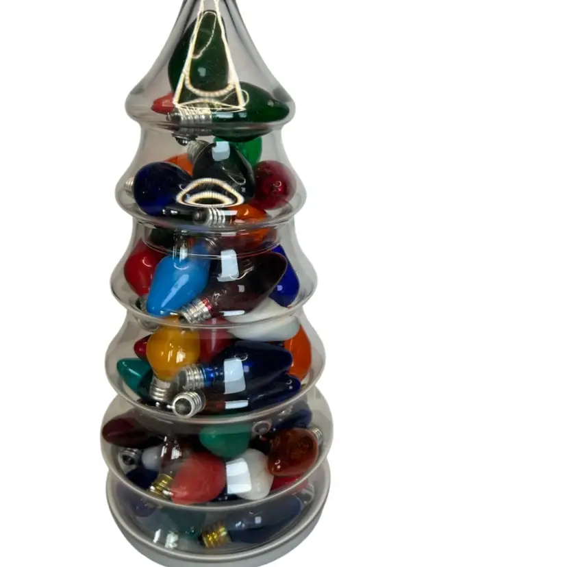 11” Tall Clear Christmas Shaped 2 Piece Apothecary Jar Filled With Vintage Christmas Bulbs