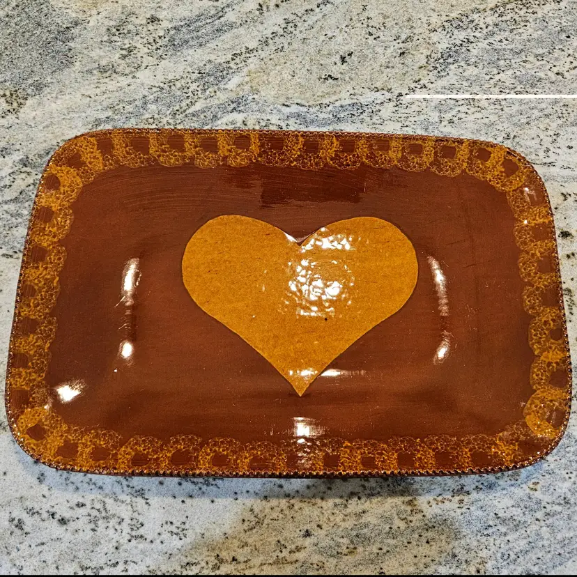Vtg Ned Foltz '97 Redware Clay Pottery Heart Serving Platter Signed PA Folk Art