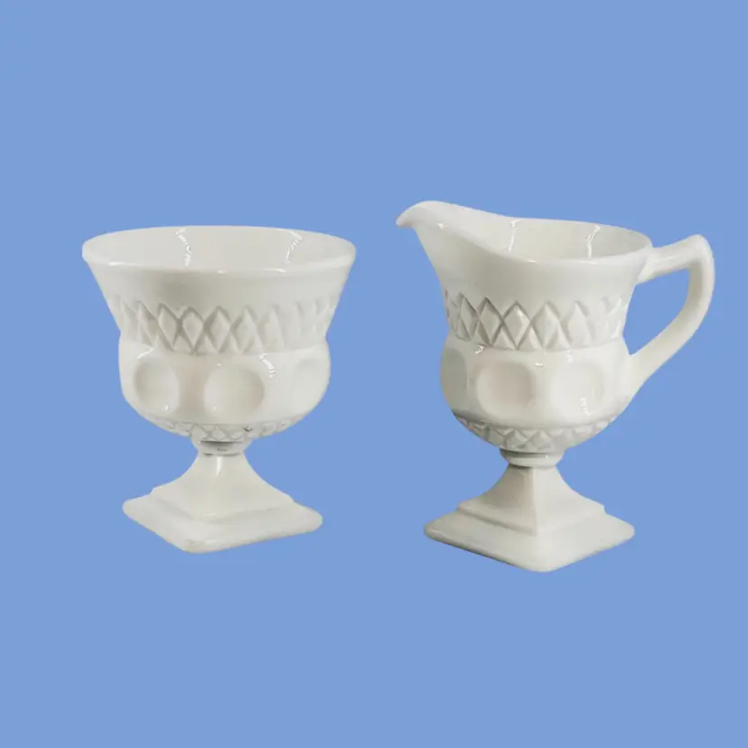 #215- Milk Glass Creamer Sugar Set Plymouth Pattern BY McKee