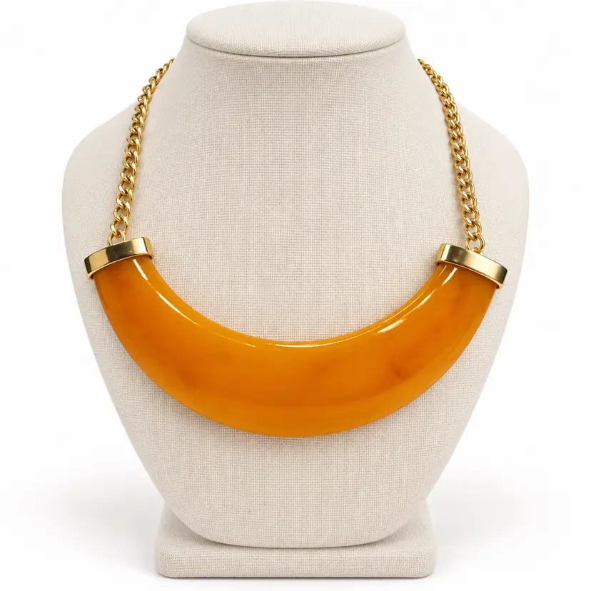 Kenneth Jay Lane KJL Amber Orange Crescent Statement Necklace Gold Tone Signed