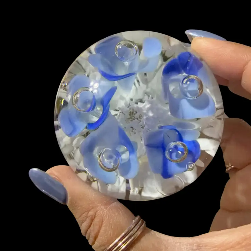 Joe Rice Art Glass Paperweight Light Blue And White Flowers