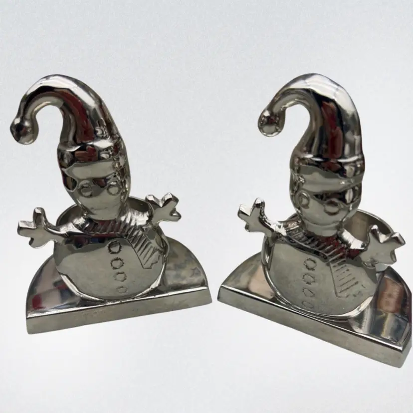 #01 Mikasa Snowman Tealight Candle Holders Set of 2 Silver Tone Christmas Votives 4”