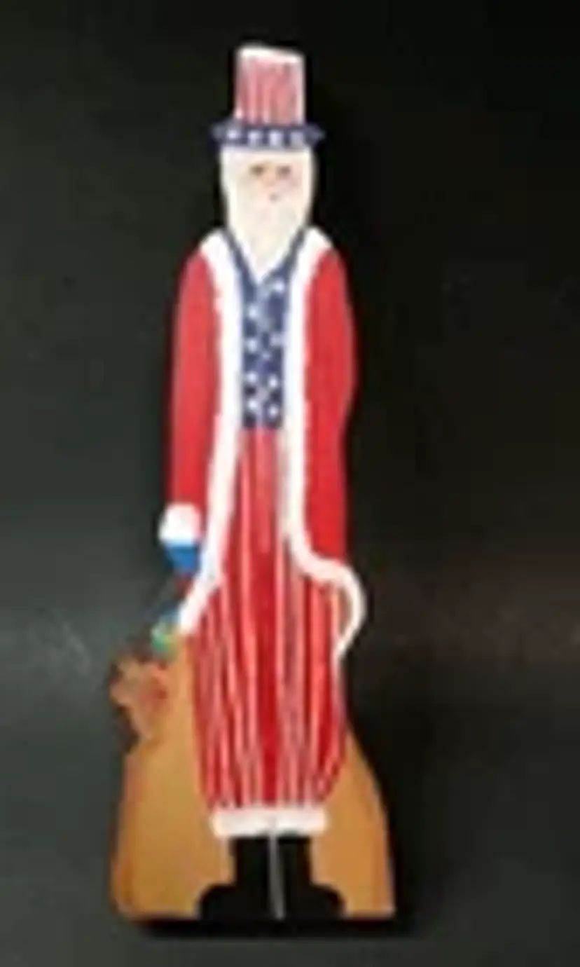 Vintage Primitive Folk Art Hand Painted Wood Uncle Sam Santa Figure 12" Signed