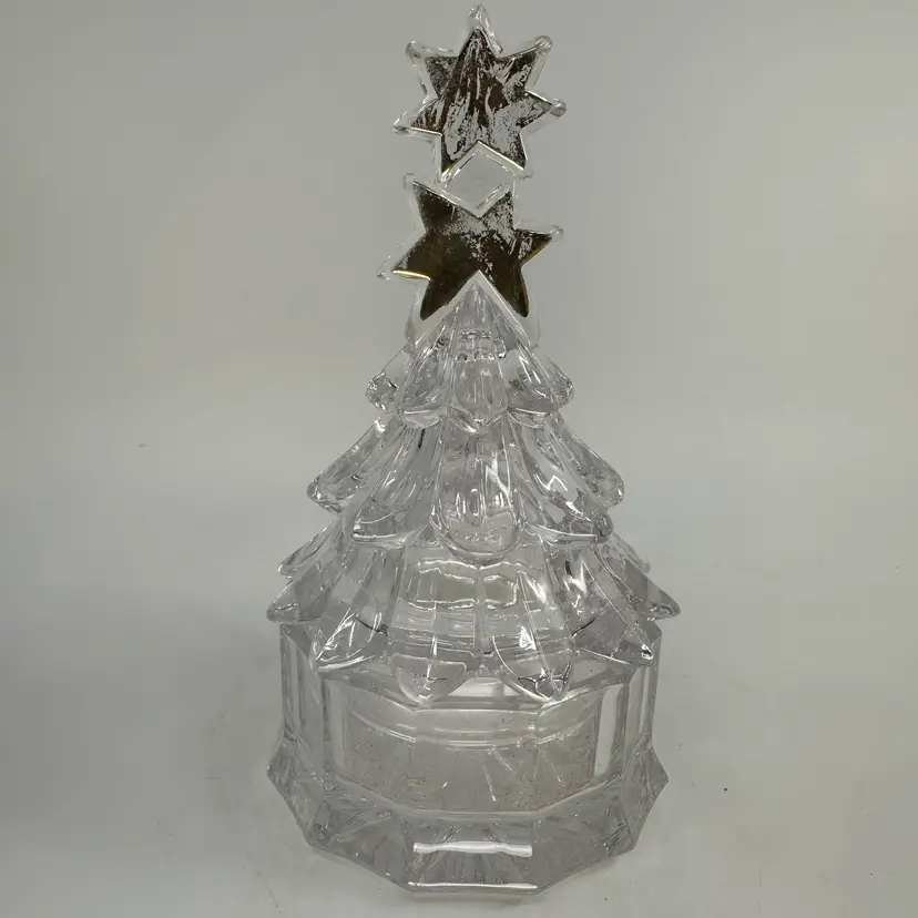 Vtg Cut Glass Crystal Clear Christmas Tree Trinket Box