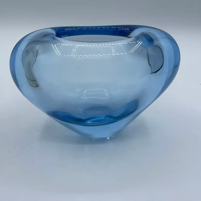 Per Lutken Vintage MCM Holmegaard Blue Heart Glass Vase 4” X4.5” Signed