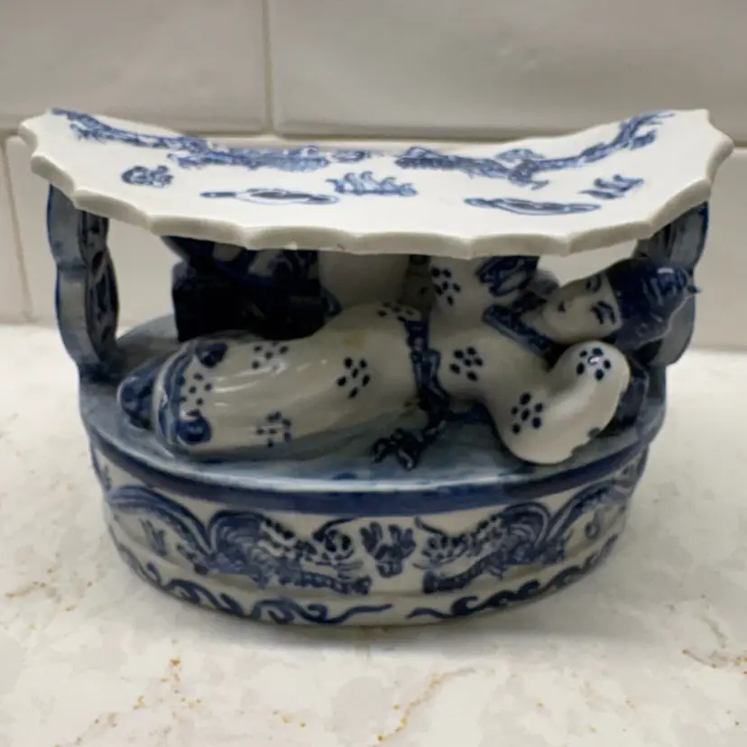 Vintage Chinese Blue & White Porcelain Opium Pillow Boy Child Dragon Headrest