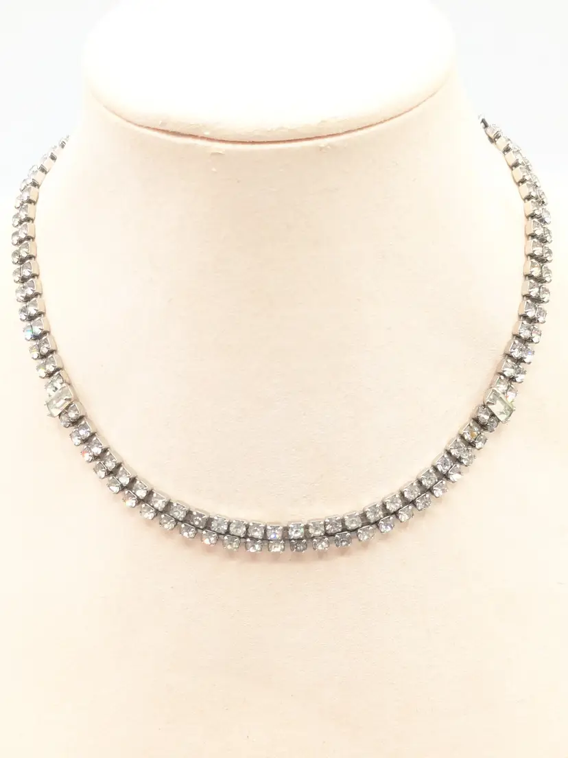Vintage Silver Tone Rhinestone Double Row Choker Necklace