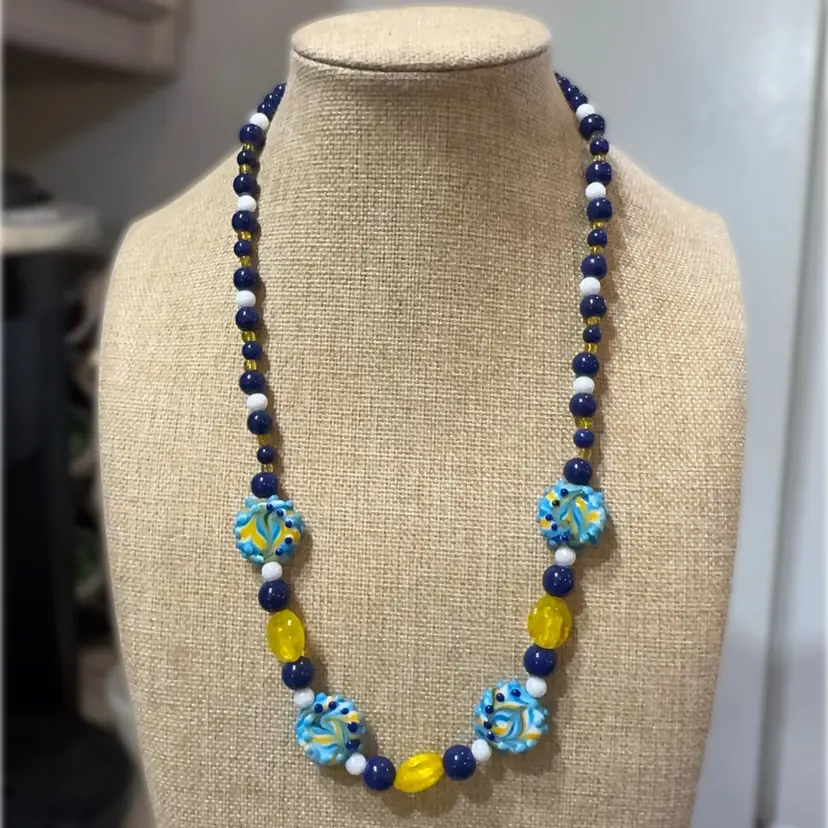 24” Blue And Yellow Glass Lamp Work Necklace