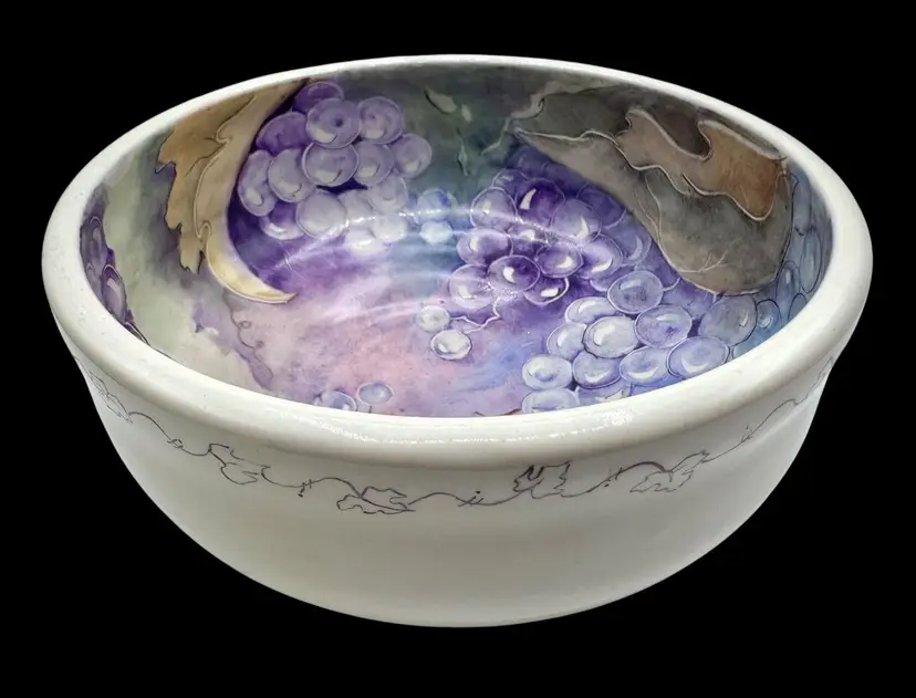 Signed Hand Painted Studio Art Pottery Serving Bowl Purple Grape Vine 8 x 3.5”