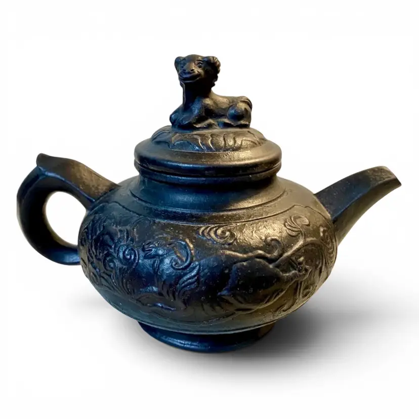 Antique Handmade Yixing Zisha Clay Metal Mix Teapot Finial Ram Lid SIGNED